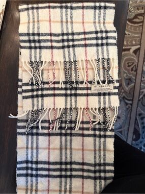 Burberry Cream Check Wool-Cashmere Fringe Scarf with Black and Red Accents